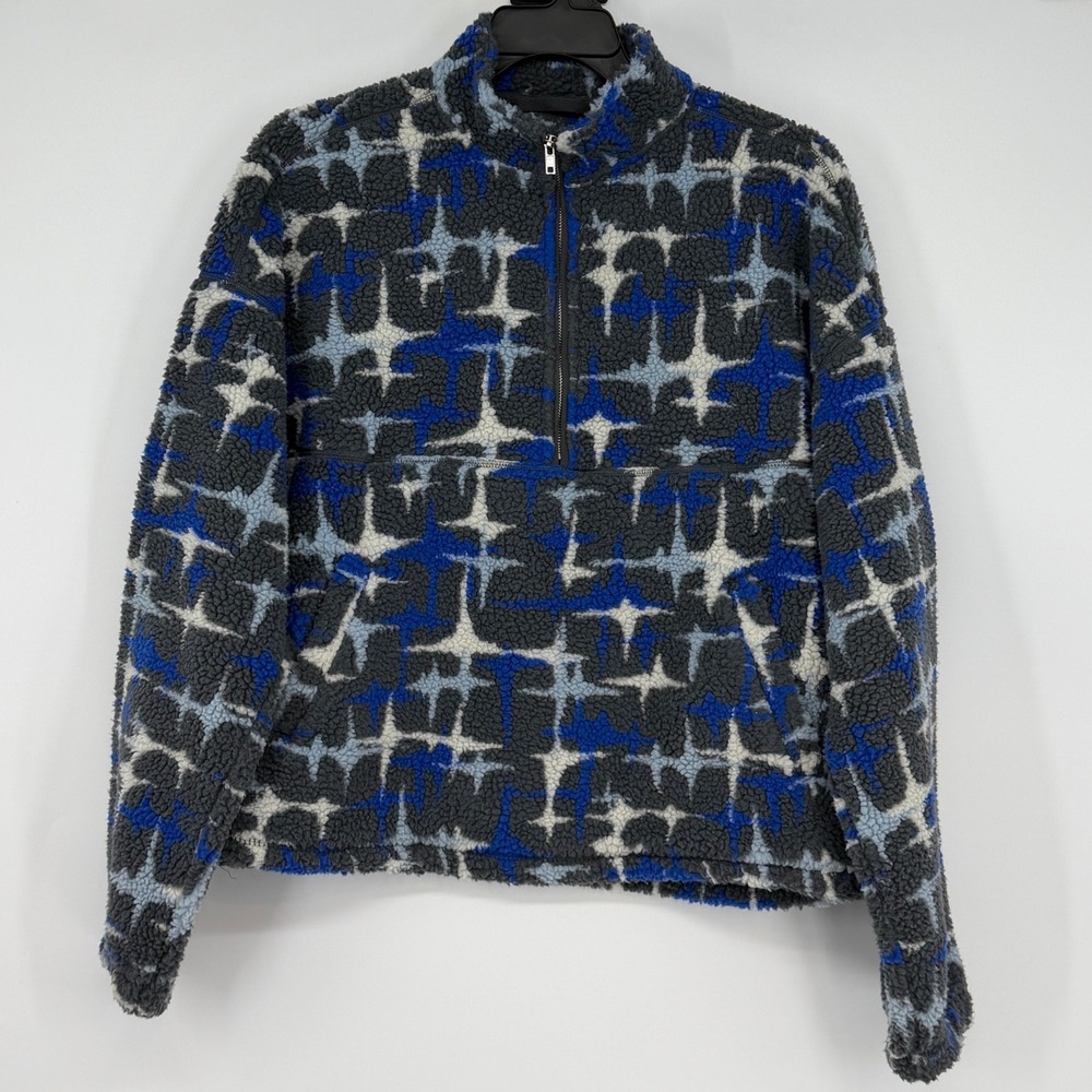 BDG Abstract Blue Grey Star Print Sherpa Fleece 1/4 Zip Pullover Boxy Size L/XL